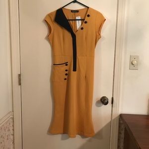 NWT Vintage 1940s inspired Med gold black midi